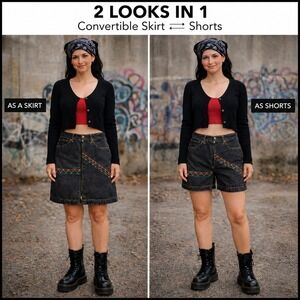 Vintage‎ 90s Convertible Denim Skort Womens 26 Black Contrast Stitch Y2K